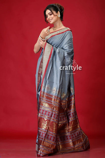 Cerulean blue zari border bomkai silk saree gray silk saree patterned border 4