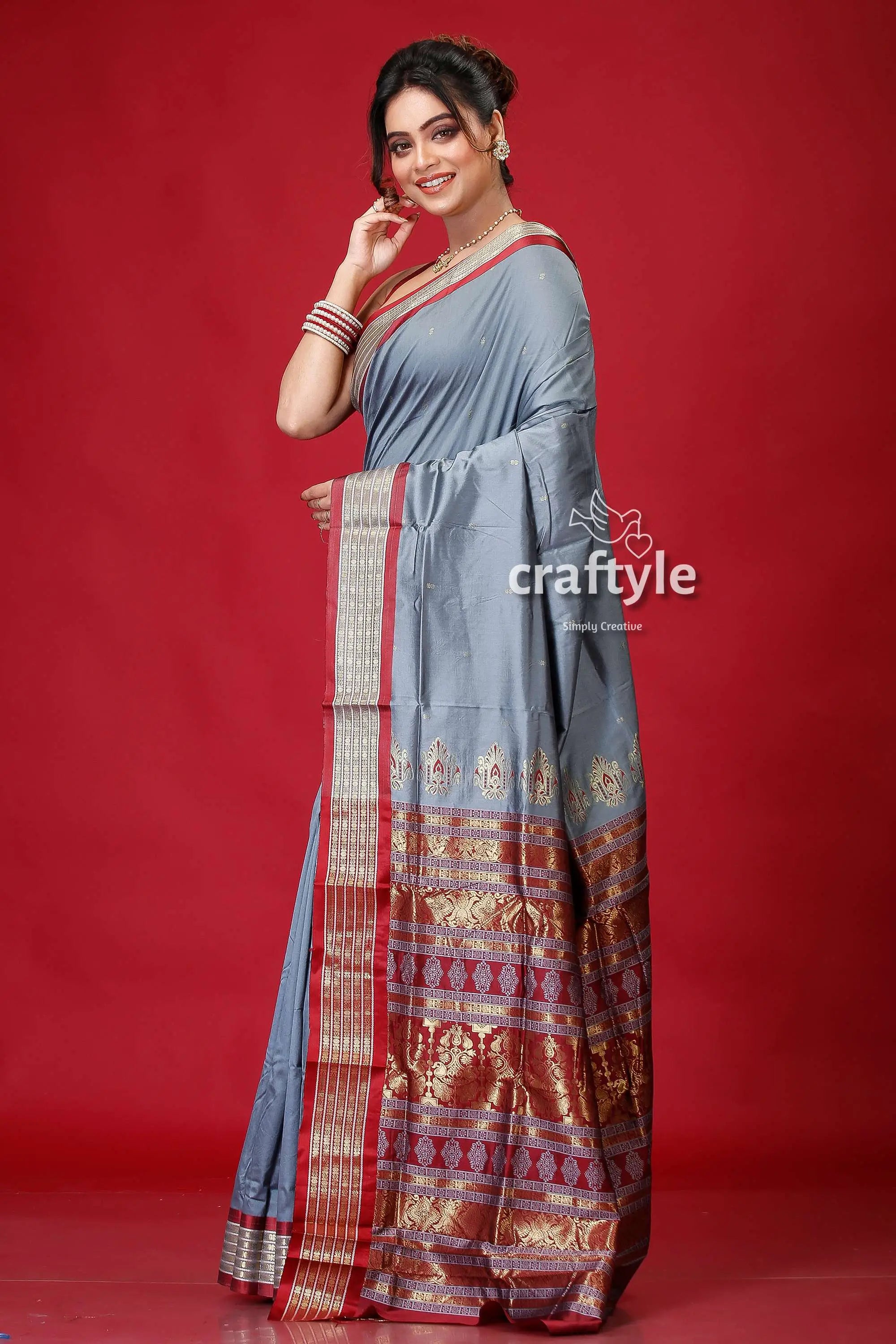 Cerulean blue zari border bomkai silk saree gray saree red gold border 3