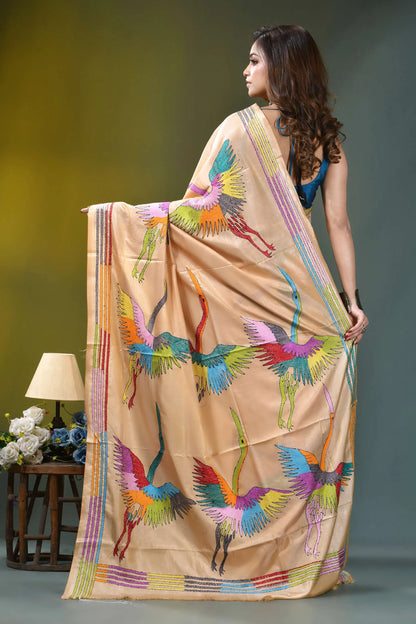 Champagne gold heron design silk kantha work saree beige silk saree adorned vibrant 4