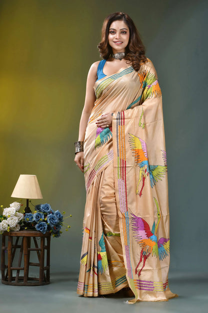 Champagne gold heron design silk kantha work saree beige silk saree adorned vibrant 1