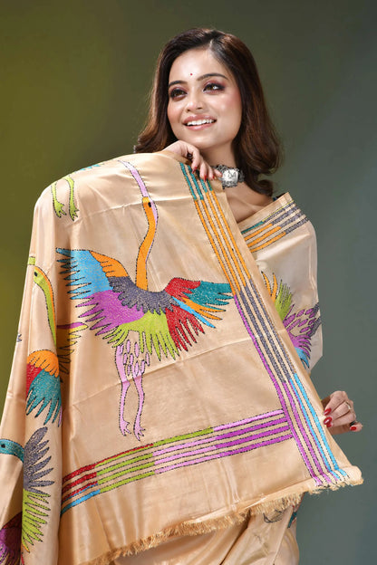 Champagne gold heron design silk kantha work saree beige silk saree vibrant multicolored 2