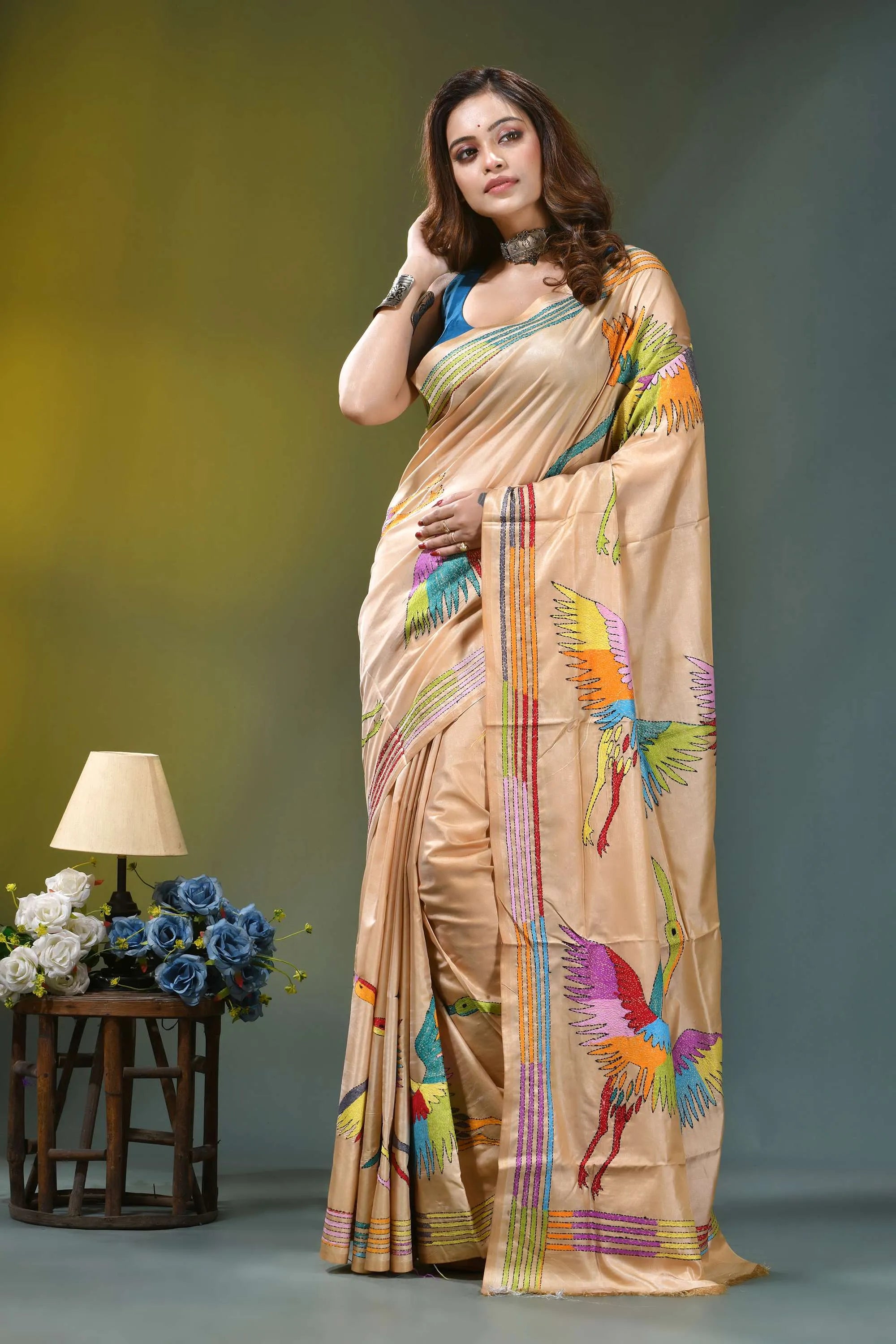 Champagne gold heron design silk kantha work saree beige silk saree adorned vibrant 6