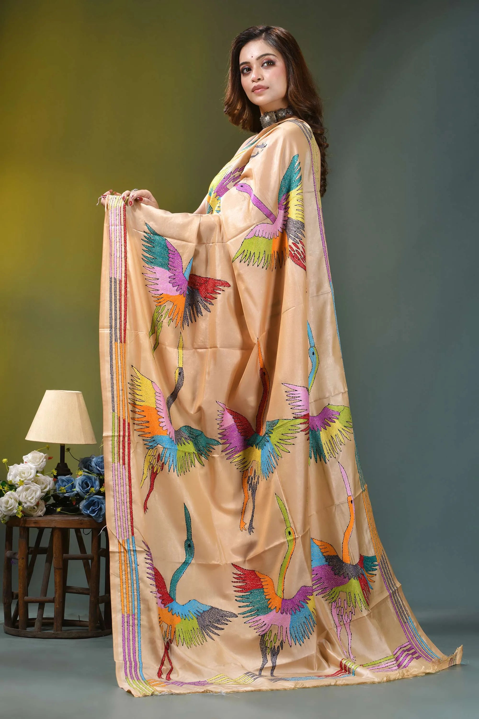 Champagne gold heron design silk kantha work saree beige silk saree adorned vibrant 3