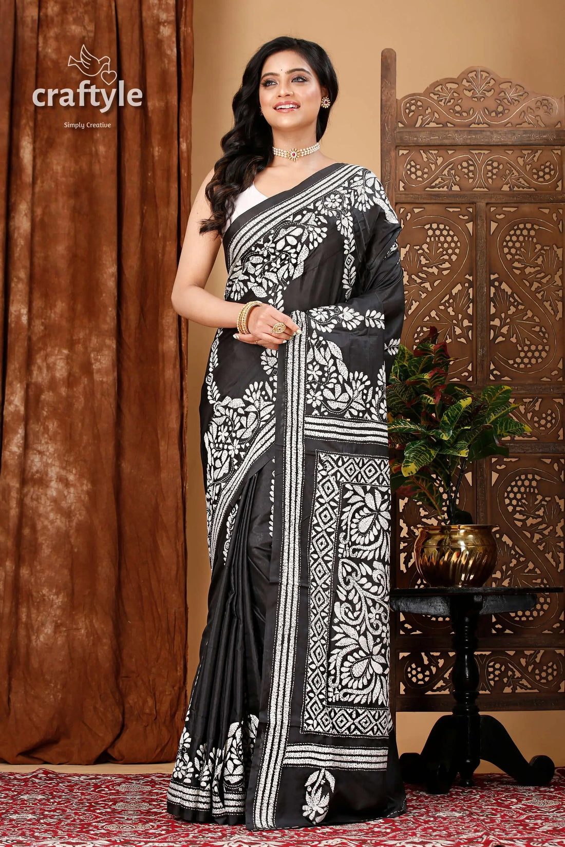 Charcoal black and white party wear silk kantha saree black white floral saree 1