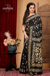 Charcoal black and yellow elegant silk kantha stitch saree black embroidered saree 3