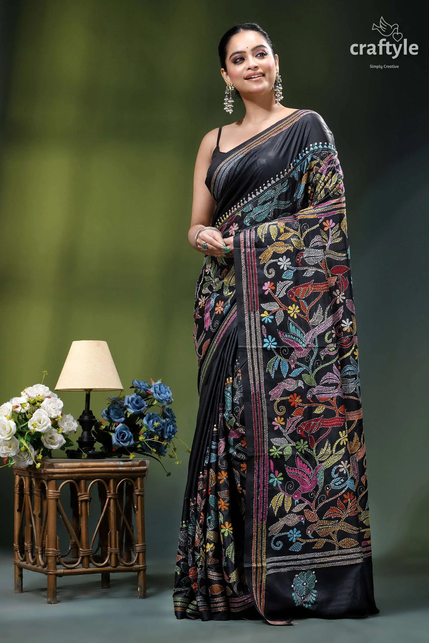Charcoal black designer bird motif kantha silk saree black silk saree vibrant multicolored 6