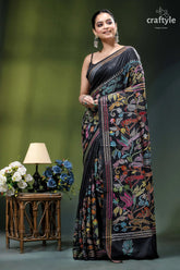 Charcoal black designer bird motif kantha silk saree black silk saree vibrant multicolored 6