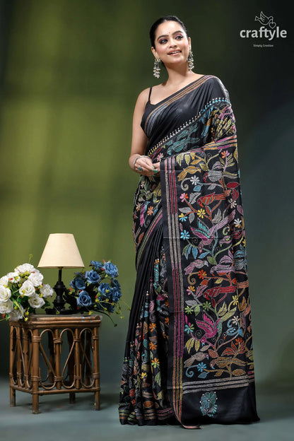 Charcoal black designer bird motif kantha silk saree black silk saree vibrant multicolored 6
