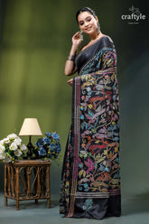 Charcoal black designer bird motif kantha silk saree black silk saree intricate multicolored 3