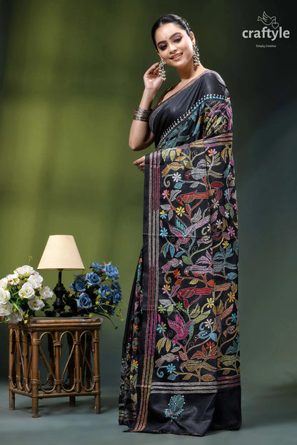 Charcoal black designer bird motif kantha silk saree black silk saree intricate multicolored 3