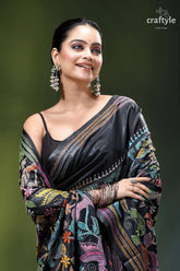 Charcoal black designer bird motif kantha silk saree black saree vibrant multicolored floral 2