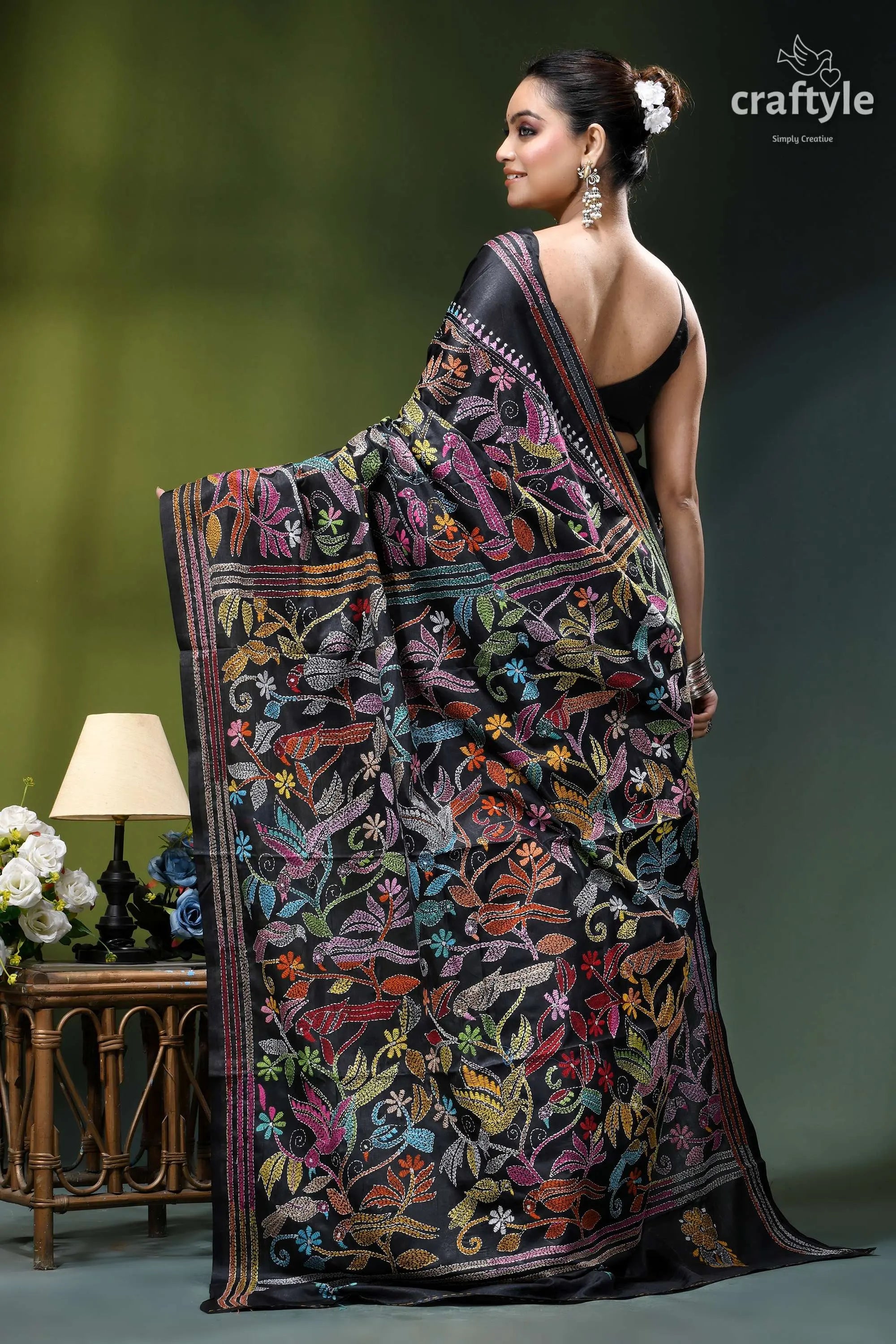 Charcoal black designer bird motif kantha silk saree black silk saree intricate multicolored 5