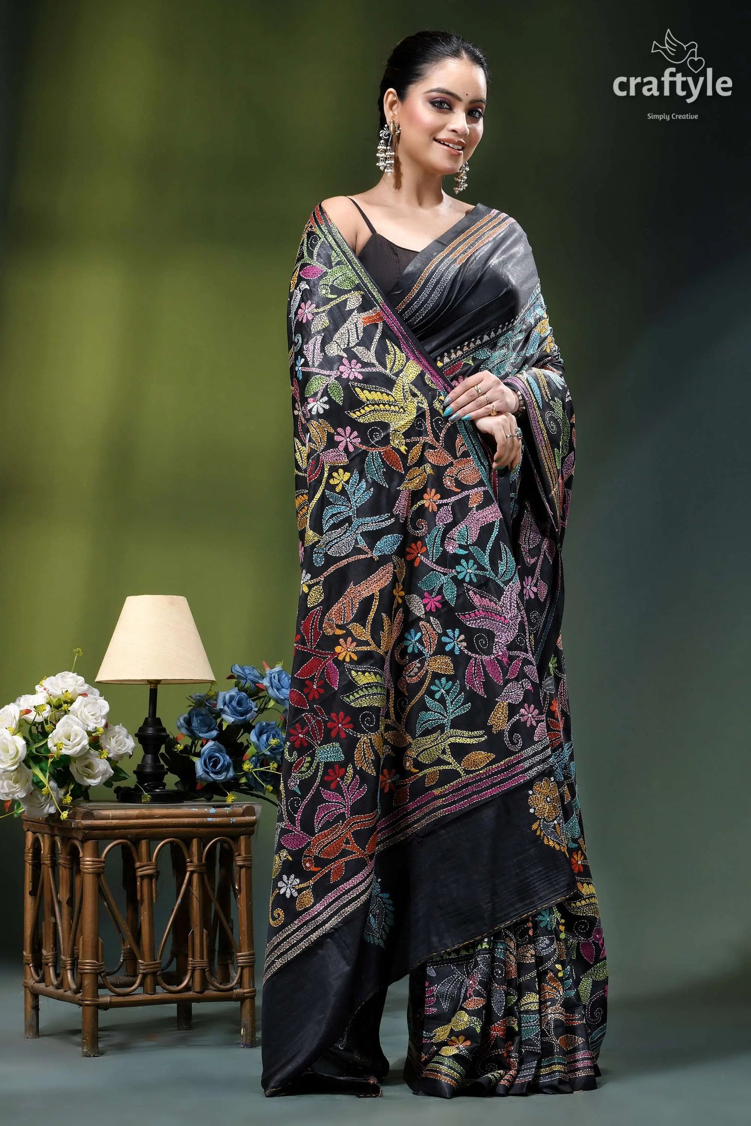 Charcoal black designer bird motif kantha silk saree black silk saree vibrant multicolored 4