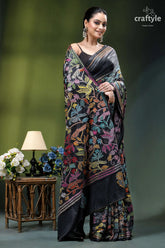 Charcoal black designer bird motif kantha silk saree black silk saree vibrant multicolored 4