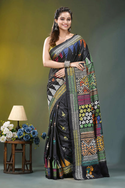 Charcoal black floral motif kantha embroidery silk saree black silk saree intricate multicolored 6