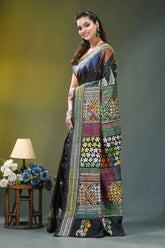 Charcoal black floral motif kantha embroidery silk saree black silk saree vibrant multicolored 3
