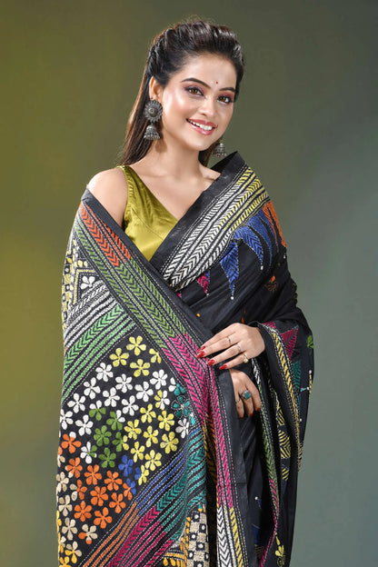 Charcoal black floral motif kantha embroidery silk saree black embroidered saree vibrant floral 2