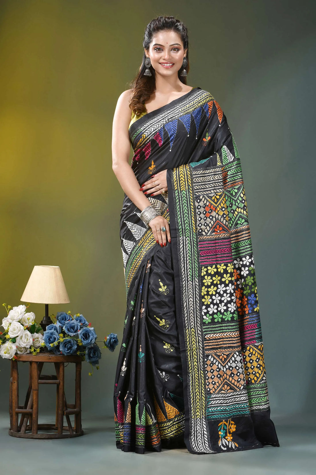 Charcoal black floral motif kantha embroidery silk saree black silk saree vibrant intricate 1