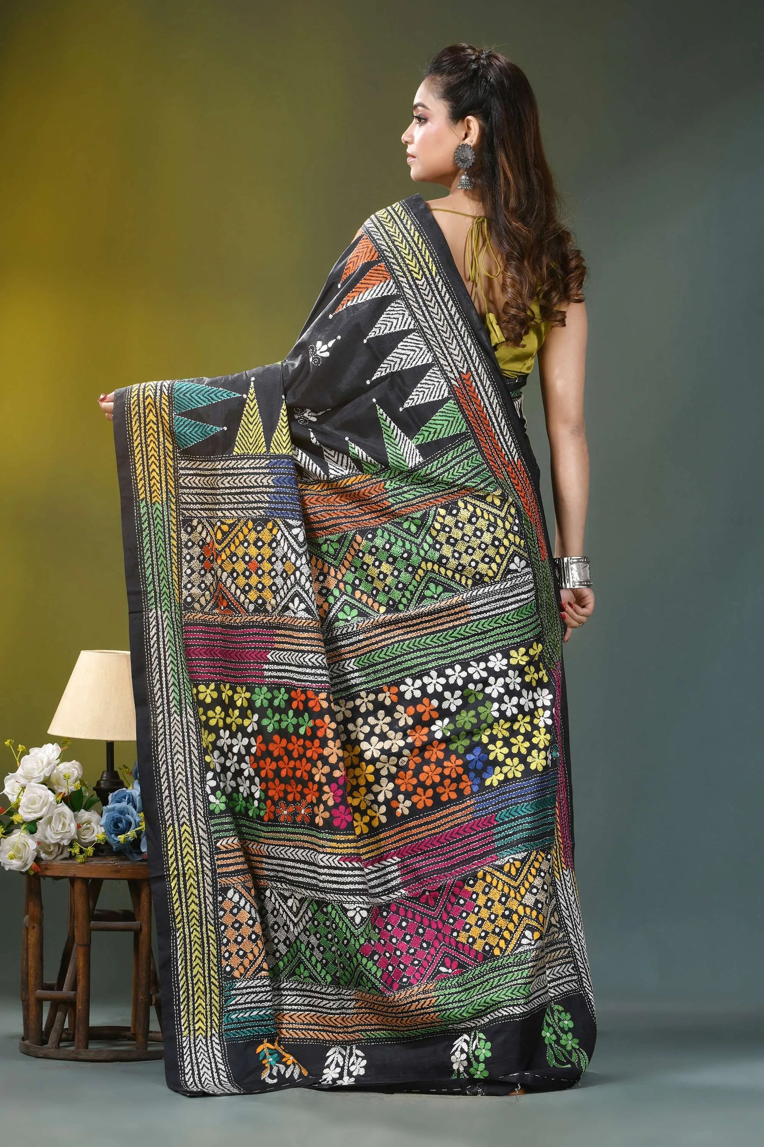 Charcoal black floral motif kantha embroidery silk saree black banarasi saree vibrant multicolored 5