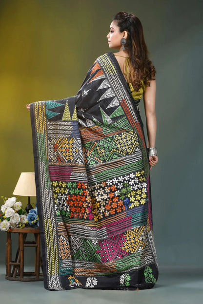 Charcoal black floral motif kantha embroidery silk saree black banarasi saree vibrant multicolored 5