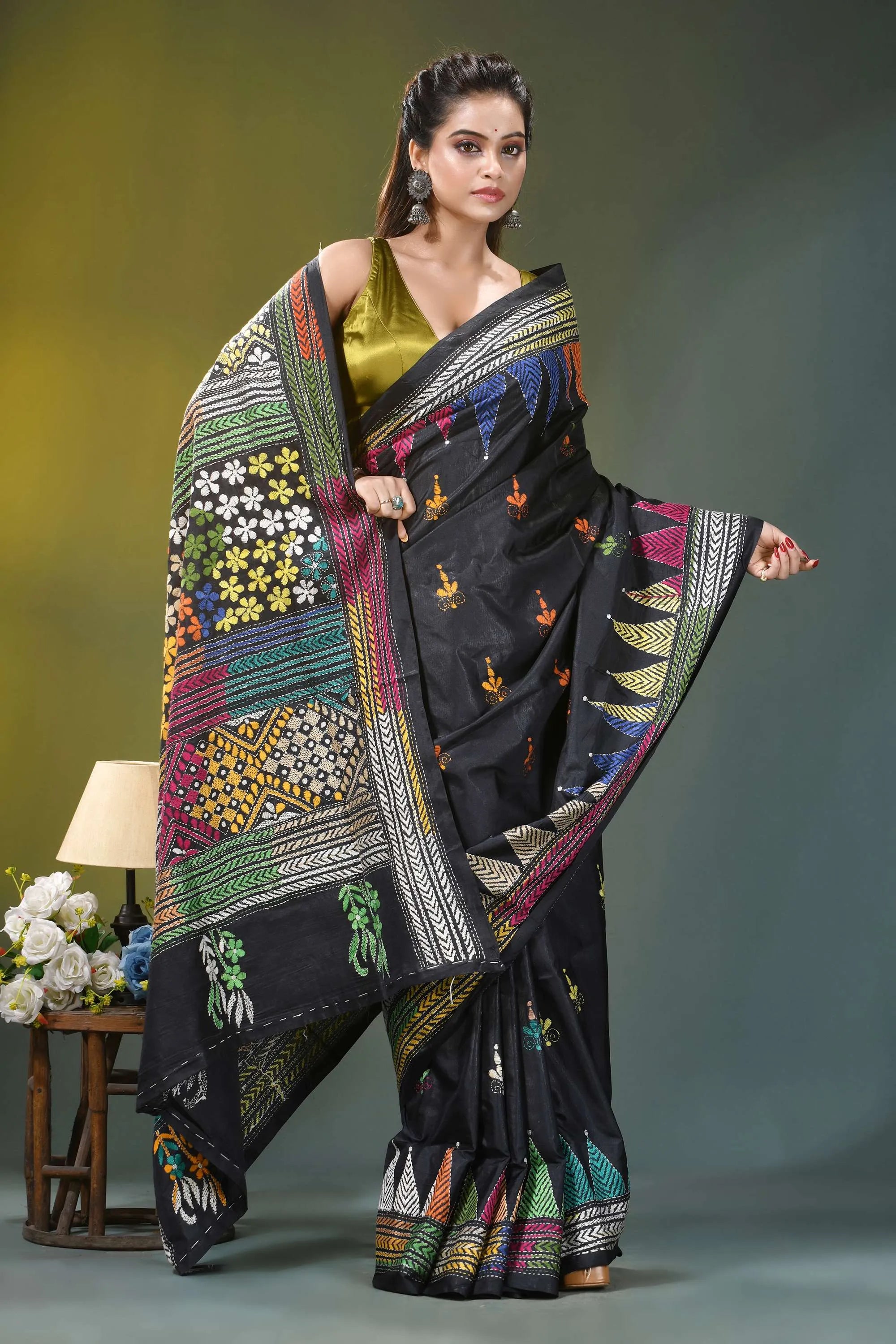 Charcoal black floral motif kantha embroidery silk saree black silk saree vibrant multicolored 4