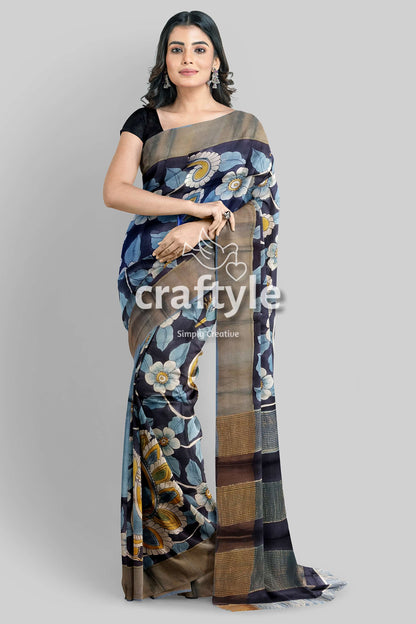 Charcoal Black Hand-Painted Pure Tussar Kalamkari Saree with Zari Border - Craftyle