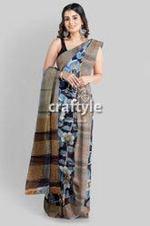 Charcoal Black Hand-Painted Pure Tussar Kalamkari Saree with Zari Border - Craftyle