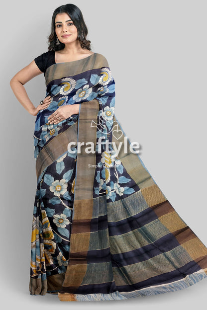 Charcoal Black Hand-Painted Pure Tussar Kalamkari Saree with Zari Border - Craftyle