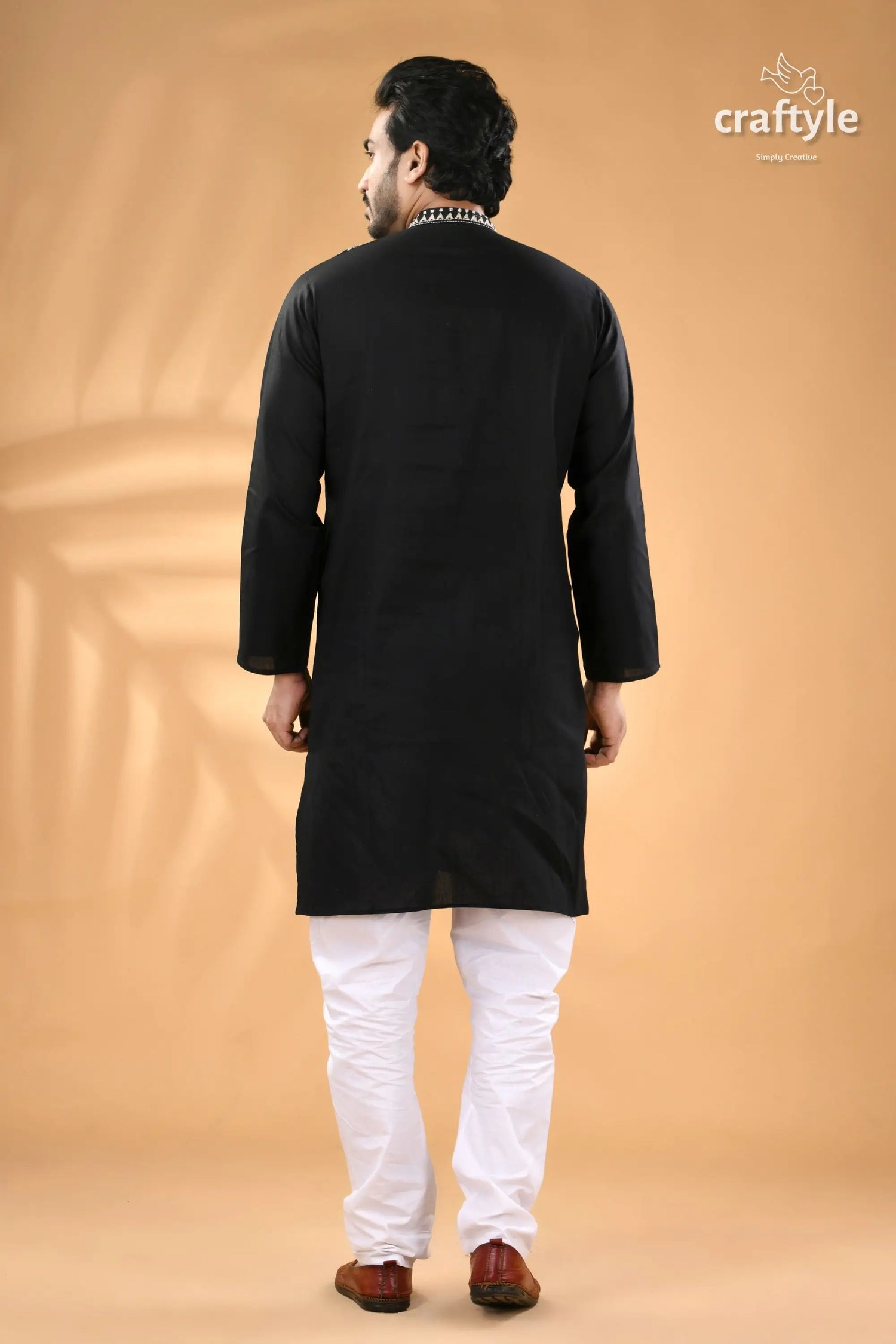 Charcoal black kantha hand embroidery gents kurta reverse stitch men’s black kurta white churidar 6