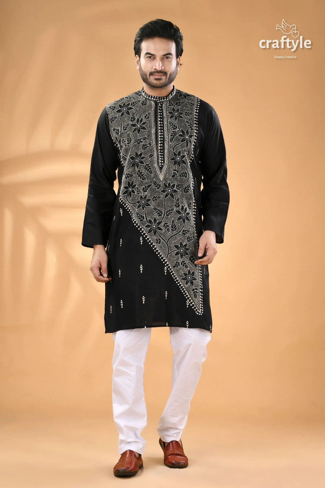 Charcoal black kantha hand embroidery gents kurta - reverse stitch men’s black embroidered kurta white 1