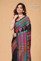 Charcoal Black Multicolor Floral Kantha Embroidery Silk Sari - Craftyle