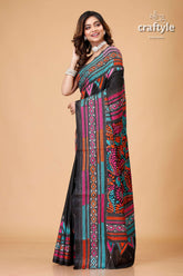 Charcoal Black Multicolor Floral Kantha Embroidery Silk Sari - Craftyle