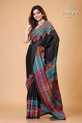 Charcoal Black Multicolor Floral Kantha Embroidery Silk Sari - Craftyle