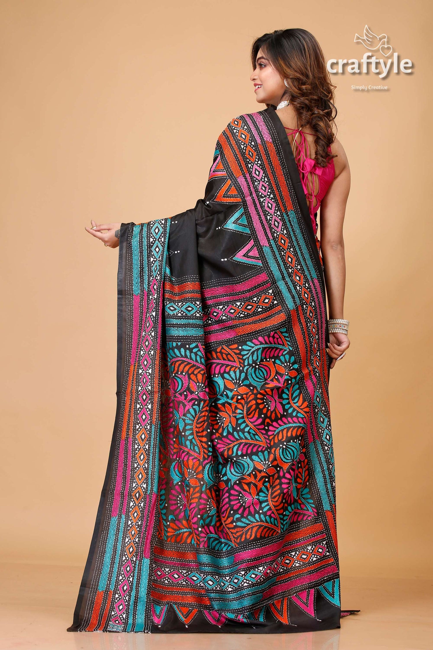 Charcoal Black Multicolor Floral Kantha Embroidery Silk Sari - Craftyle