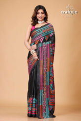 Charcoal Black Multicolor Floral Kantha Embroidery Silk Sari - Craftyle