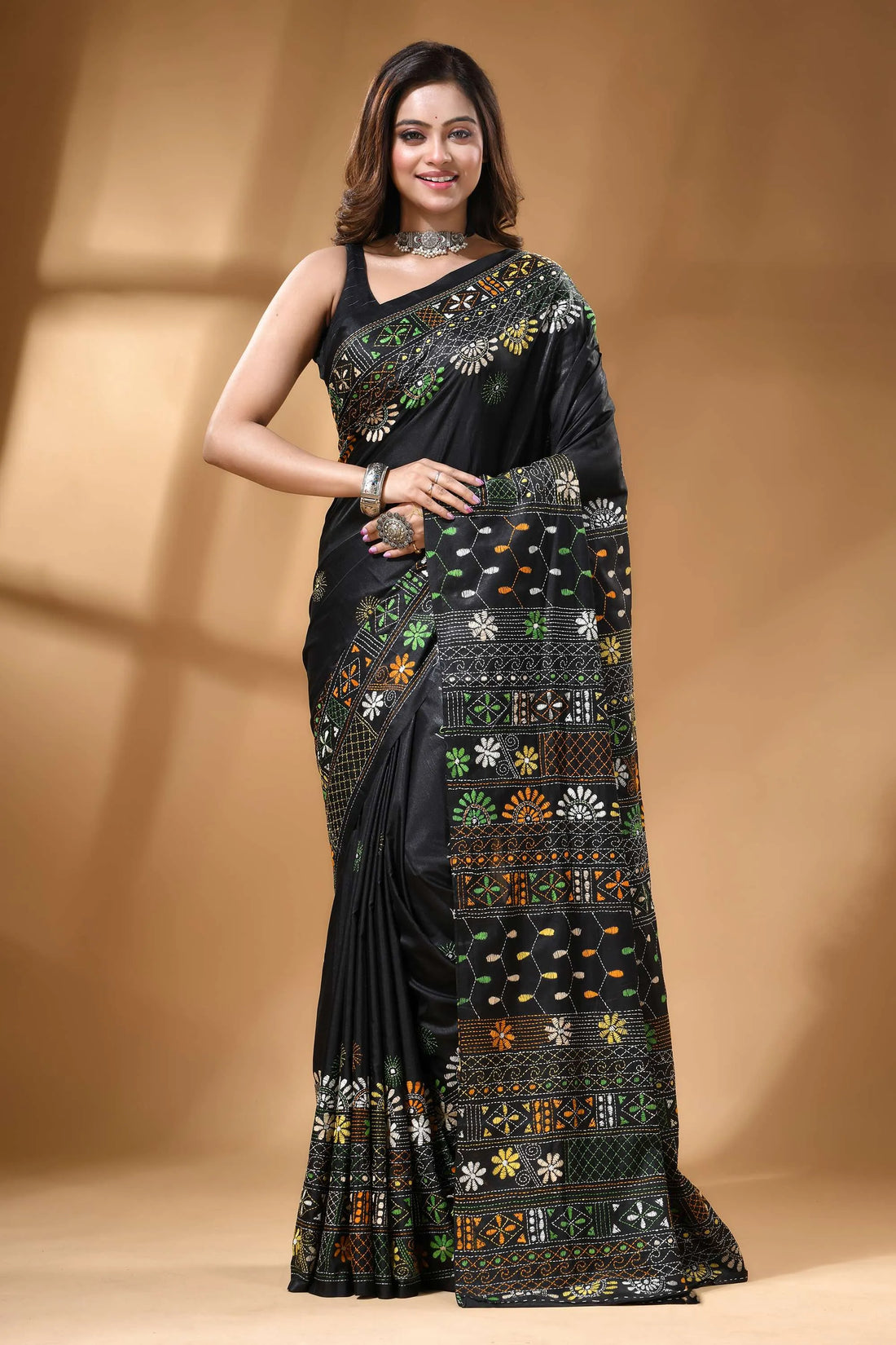 Charcoal black multithread floral hand embroidery silk lambani saree black saree intricate multicolored embroidery 1
