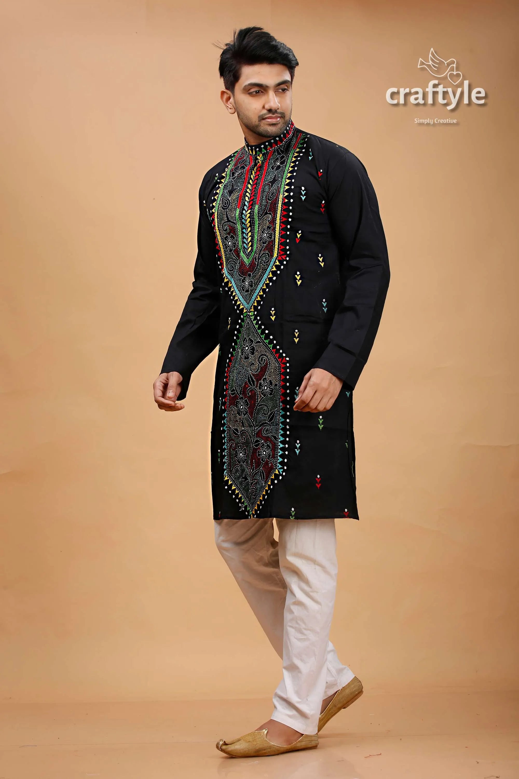Charcoal black multithread kantha embroidery gents kurta embroidered pajama set 3