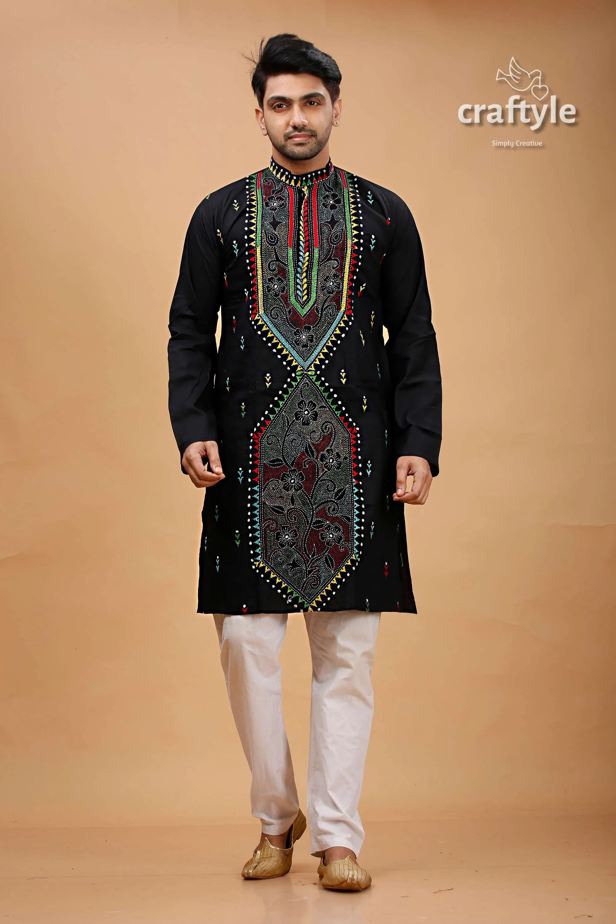 Charcoal black multithread kantha embroidery gents kurta embroidered white pants 1