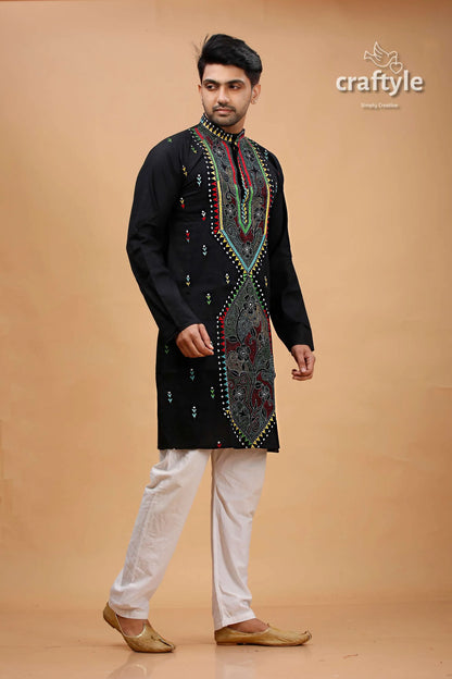 Charcoal black multithread kantha embroidery gents kurta embroidered white pants 4