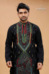 Charcoal black multithread kantha embroidery gents kurta embroidered 2