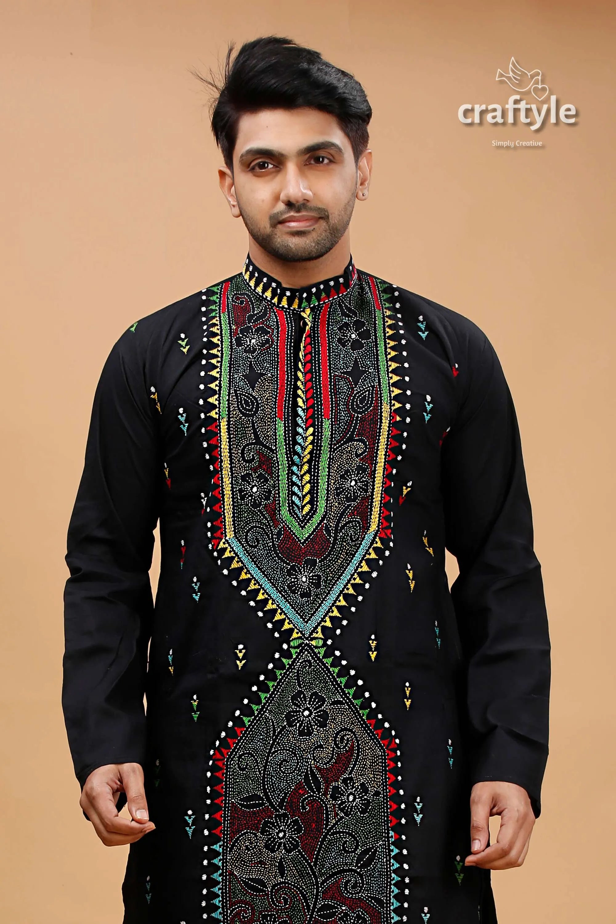 Charcoal black multithread kantha embroidery gents kurta embroidered 2