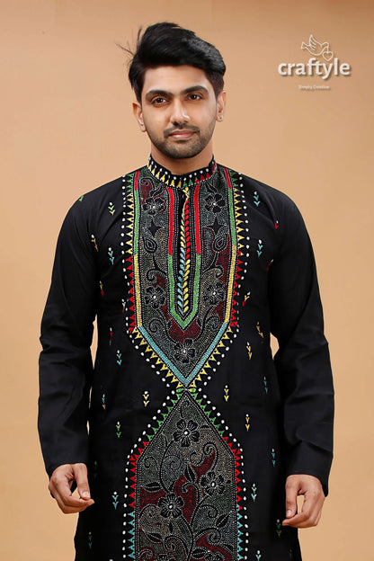 Charcoal black multithread kantha embroidery gents kurta embroidered 2