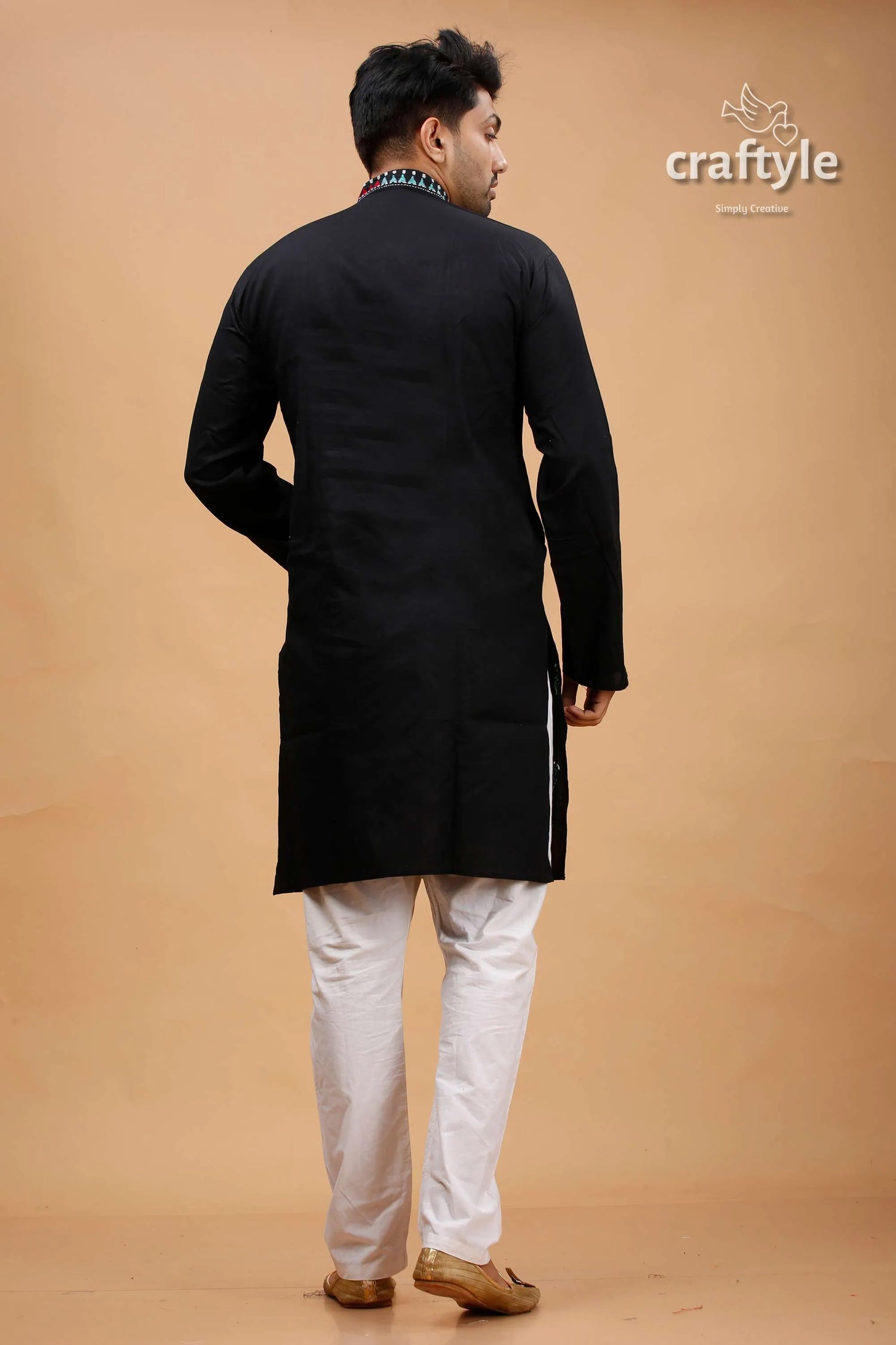 Charcoal black multithread kantha embroidery gents kurta white pants 5
