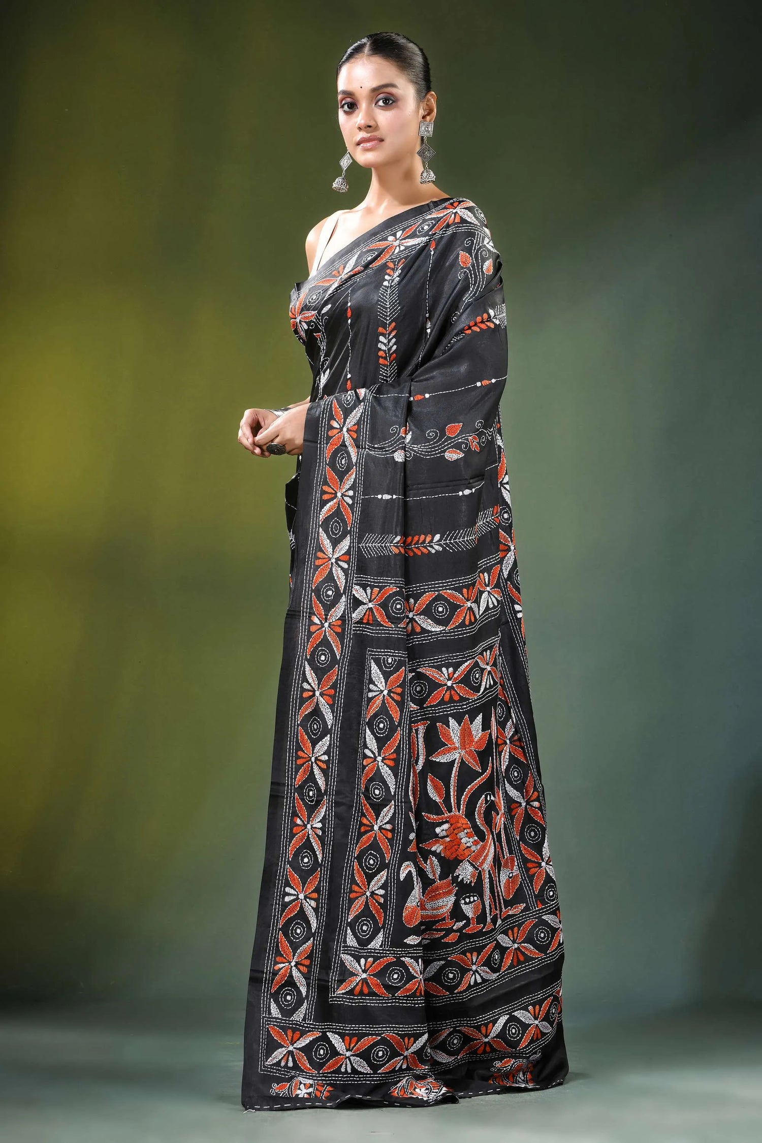 Charcoal black nature theme handcrafted silk kantha saree intricate orange 3
