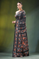 Charcoal black nature theme handcrafted silk kantha saree intricate orange 3
