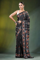 Charcoal black nature theme handcrafted silk kantha saree intricate orange 1