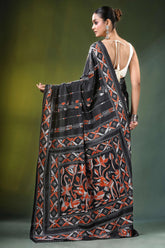 Charcoal black nature theme handcrafted silk kantha saree intricate orange 5
