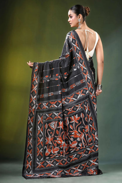 Charcoal black nature theme handcrafted silk kantha saree intricate orange 5
