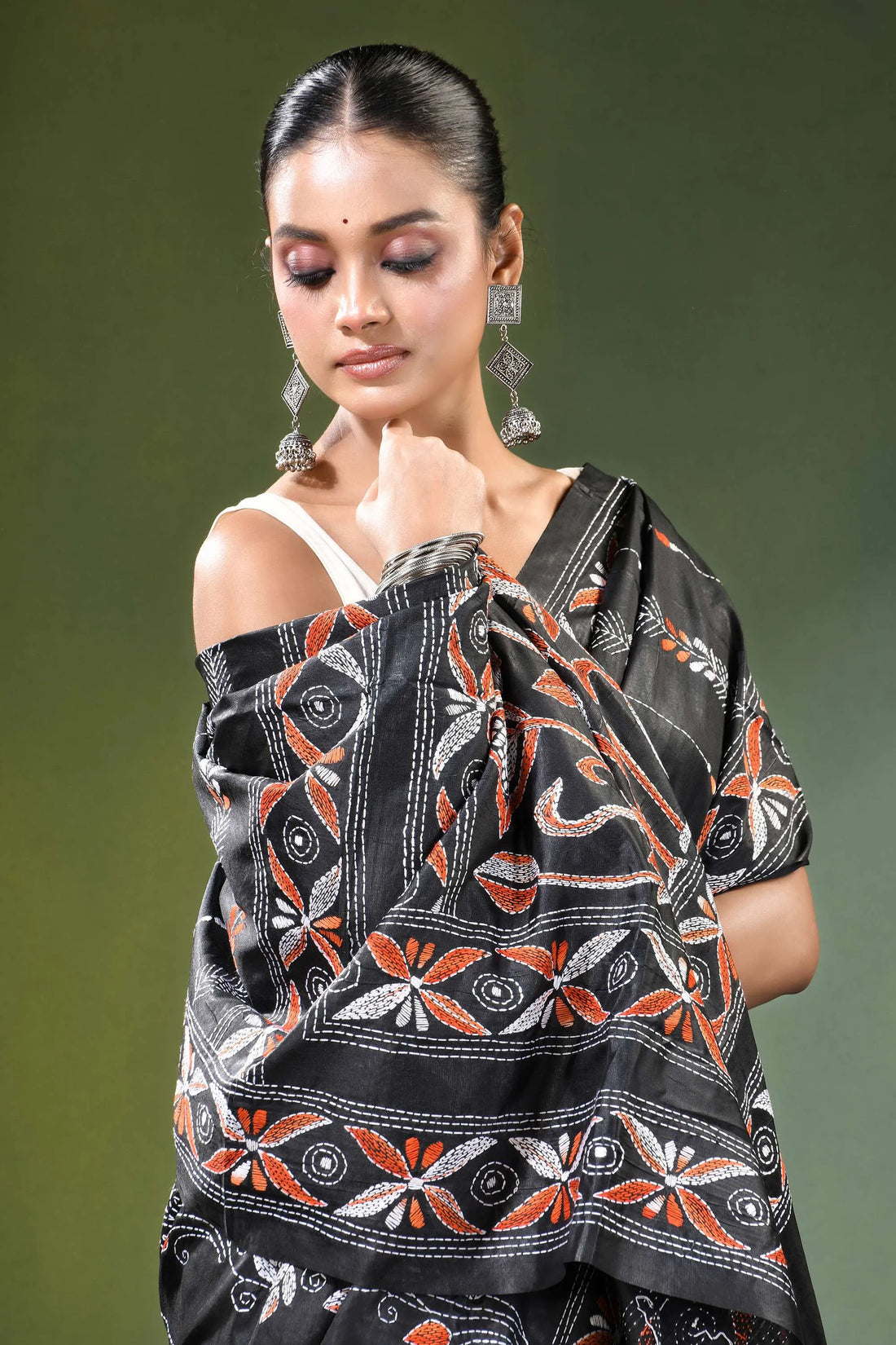Charcoal black nature theme handcrafted silk kantha saree intricate orange white 2