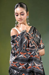 Charcoal black nature theme handcrafted silk kantha saree intricate orange white 2